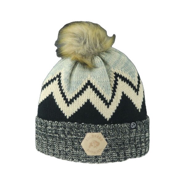 A beanie with grey, tan, and black zig zag design. The cuff is a heather grey with a tan patch that has the CU Buffalo logo with "Colorado Buffaloes" written around it. There is a tan pom on top.